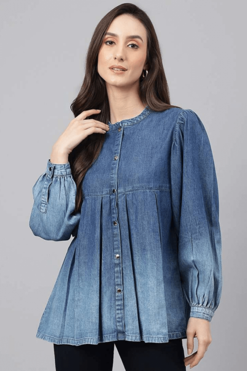 Women’s Pleated Button-Down Denim Top with Puff Sleeves