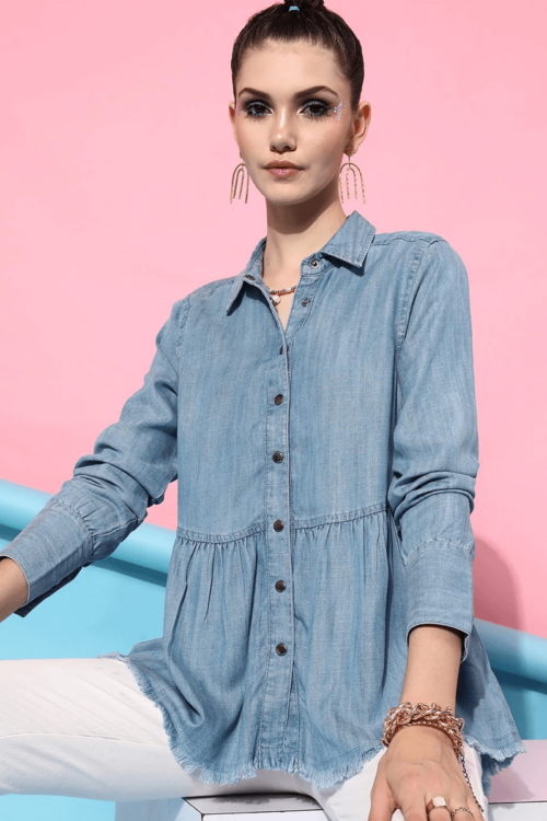Women’s Light Wash Peplum Denim Shirt with Frayed Hem