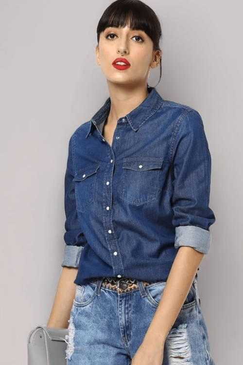 Women’s Classic Dark Wash Denim Shirt with Front Flap Pockets