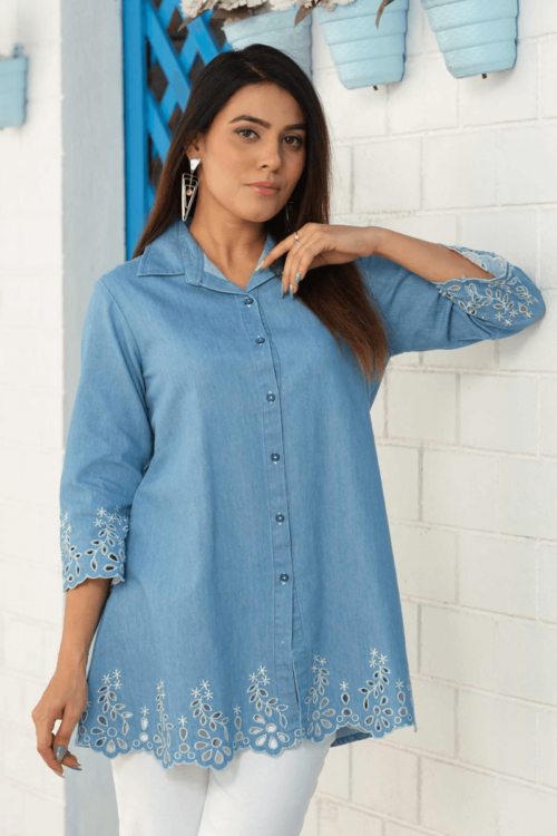 Women’s Light Blue Denim Shirt with Floral Laser Cut Embroidery