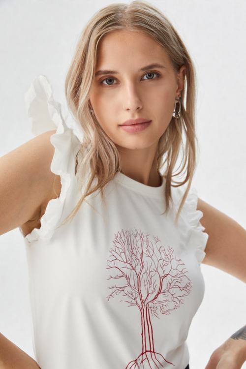 Fine Cotton Jersey Embroidered Top with Poplin Frill Sleeves