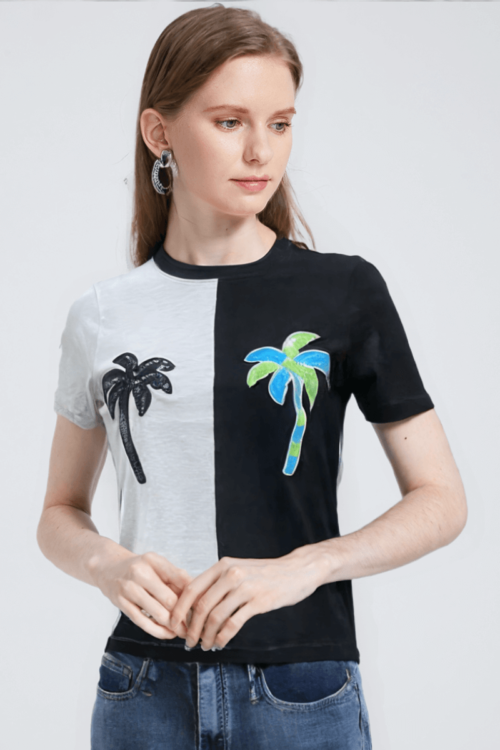 Black & White Embroided Printed T-Shirt