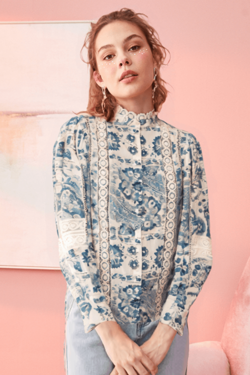 Printed Blue/White Lacey Blouse