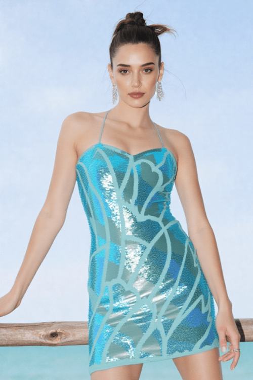 Dazzling Aqua Sequined Short Dress