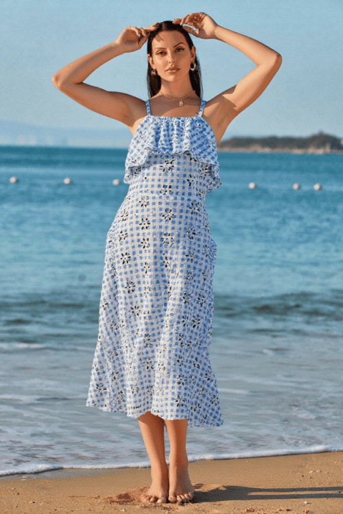 Cotton Y/D Check Block Print Strap Dress