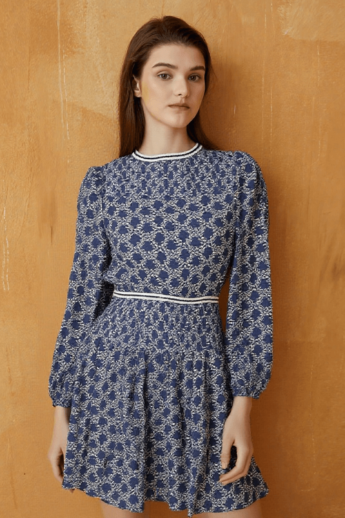 Cotton Printed Dress with Lace Trim