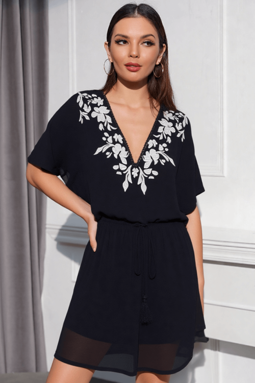 BLACK DRAW-STRING SHORT DRESS