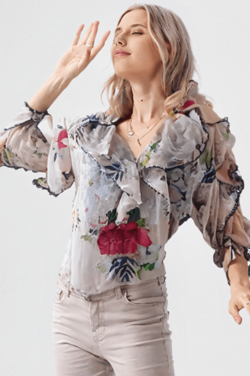 Flower Viscose Printed Ruffled Blouse